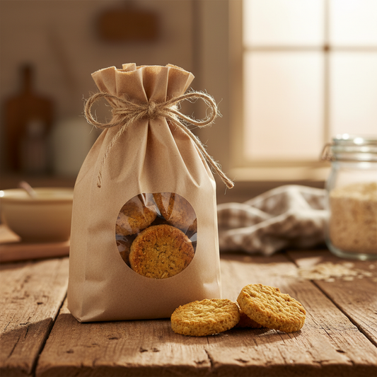 Lacey's Golden Oat Biscuits in a kraft paper bag on a warm wooden surface with golden natural light